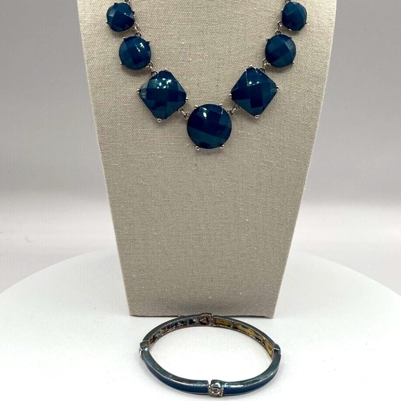 Blue Faceted Necklace & Bangle Set Geometric Design Silver-Tone Chain. N71 - Picture 12 of 12